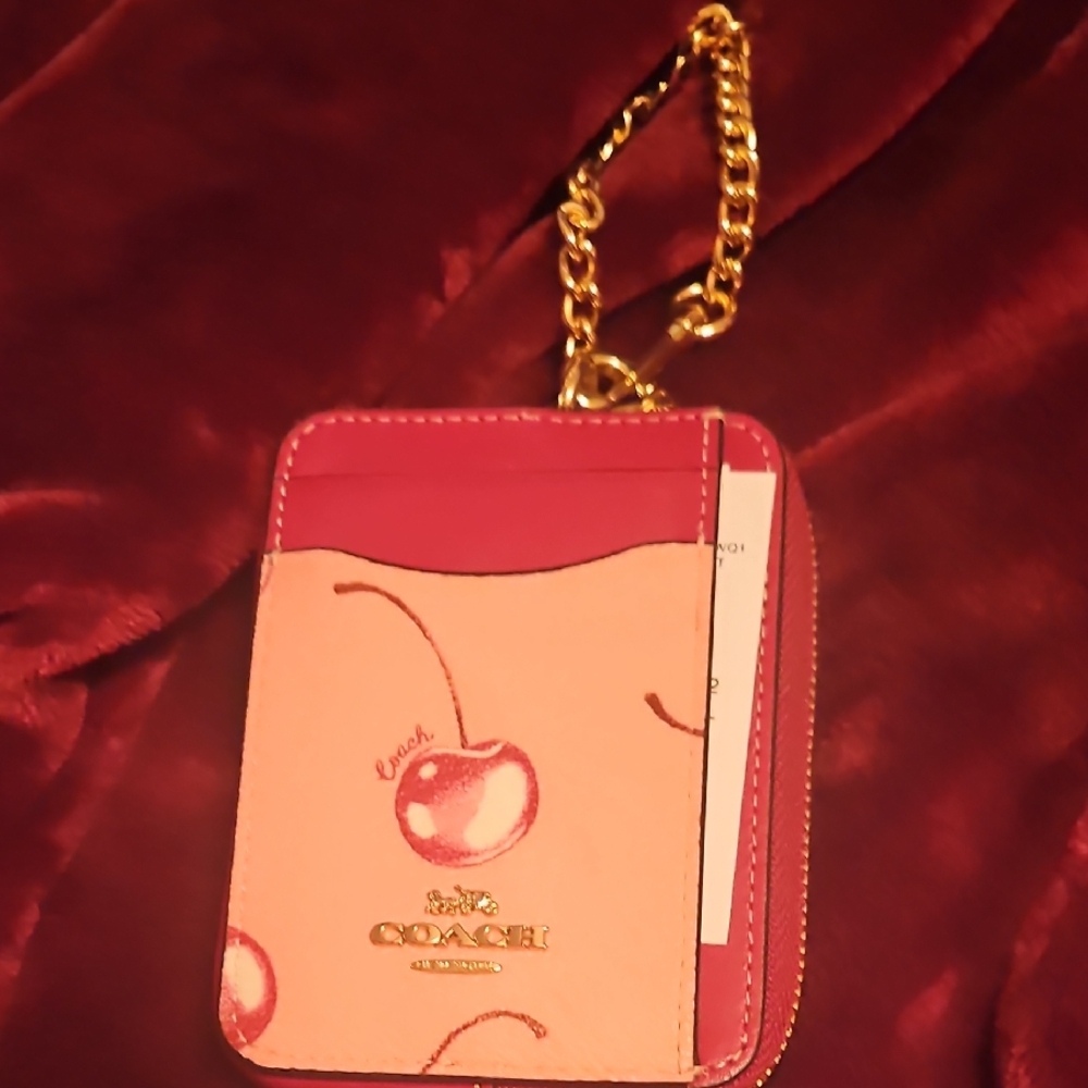 Coach Pink Cherry Card Holder with Gold Chain